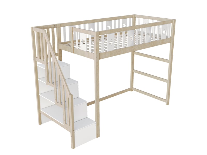  Lit mezzanine 90x200 cm, bois, avec escalier de rangement, barrière de sécurité, coloris blanc+bois, sans matelas  - Conforama A