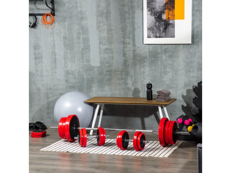  Ensemble haltères et disques, 65 kg au total, pour entraînement à domicile, en métal, sable de fer et caoutchouc, rouge  - Conforama C
