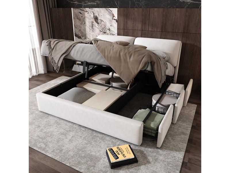  Lit coffre 180x200 cm, lit double, sommier à lattes, rangement hydraulique, velours beige, 3 tiroirs  - Conforama C