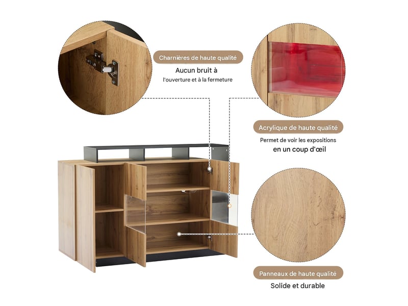  Buffet avec led et portes en mdf coloris bois 140x44x93,5 cm - pangivo  - Conforama D