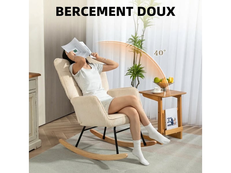  Fauteuil à bascule beige aspect velours côtelé avec accoudoirs et patins en bois, fauteuil de relaxation pour salon  - Conforama E