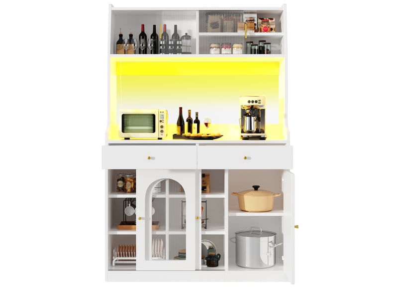  Vaisselier blanc avec éclairage led et portes en verre, buffet de cuisine haut 120x40x180 cm  - Conforama D