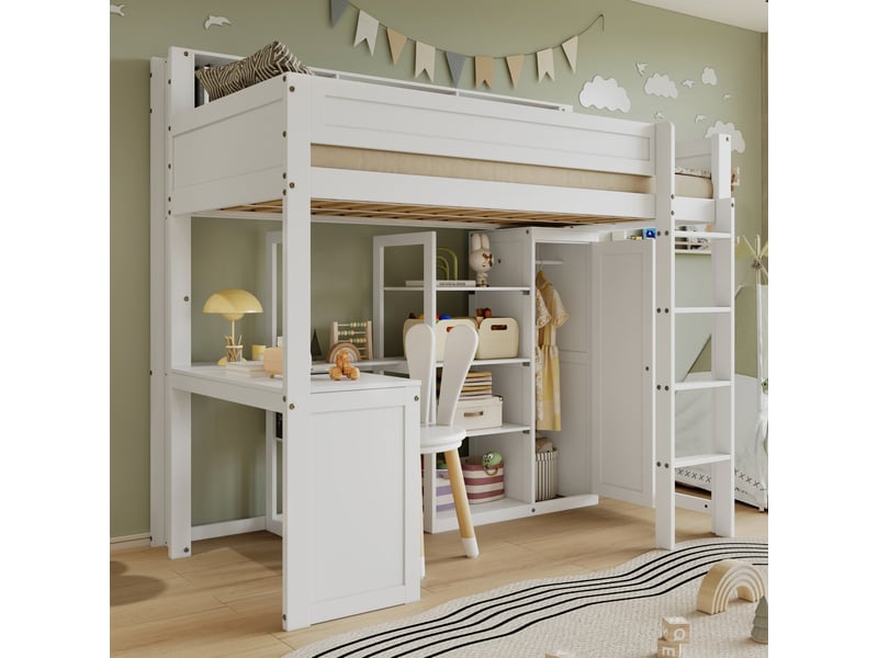 Lit enfant 90x200 cm avec bureau, armoire et étagères, blanc - Conforama D