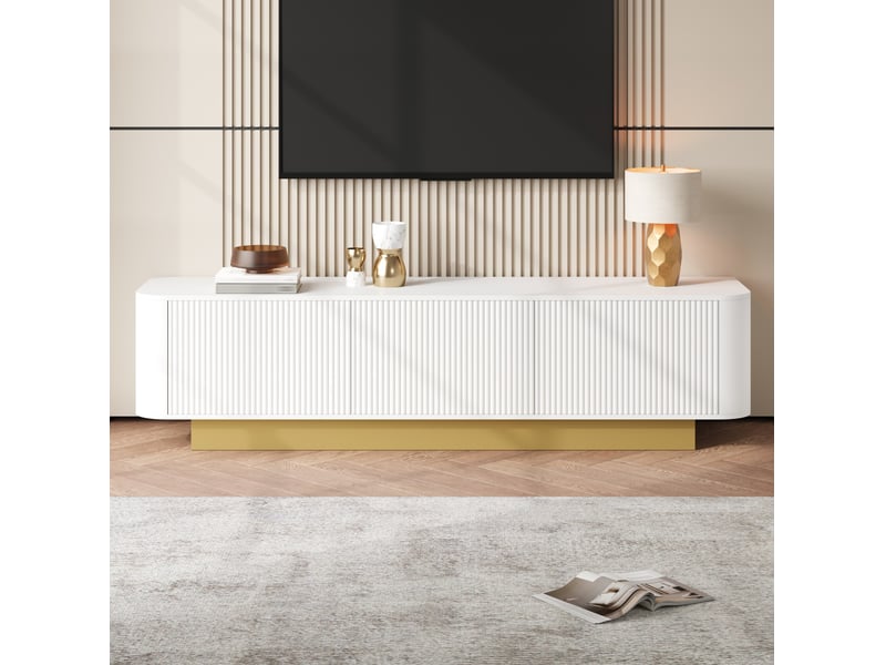  Meuble tv bas 170 x 40,5 x 47 cm, 3 portes, passe-câbles, blanc et doré  - Conforama E