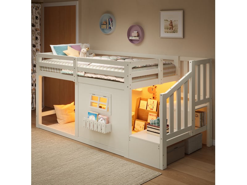 Lit surélevé enfant 90x200 cm blanc et naturel avec escalier de rangement et led - Conforama D