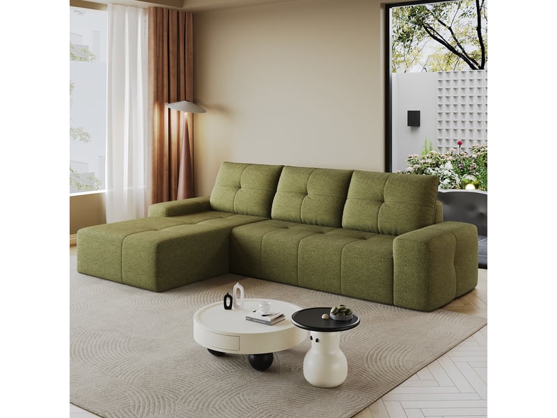 Canapé d'angle 262 cm en l avec méridienne à gauche, canapé nuage en mousse compressée sous vide, design confortable pour salon, vert olive Seren Glow - Conforama B