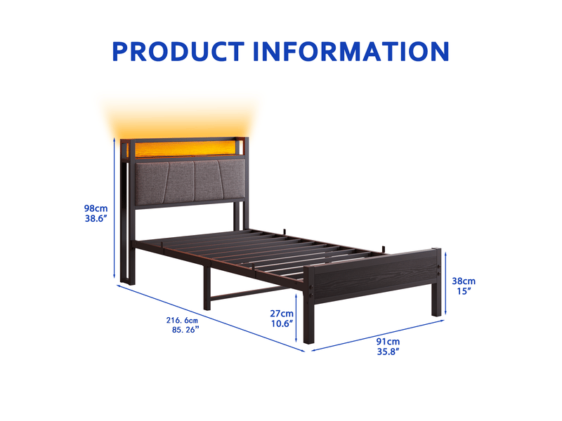 Cadre de lit 90x200 cm métal avec tête de lit led, ports usb et sommier renforcé silencieux - Conforama C