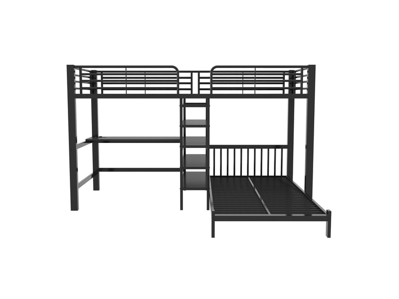  Lit combiné mezzanine 2 couchages 90x200 cm en métal noir et mdf – escalier avec rangements intégrés, bureau d'angle en l avec double prise usbtype-c et étagère tête de lit – certifié en 747 – sans matelas  - Conforama A