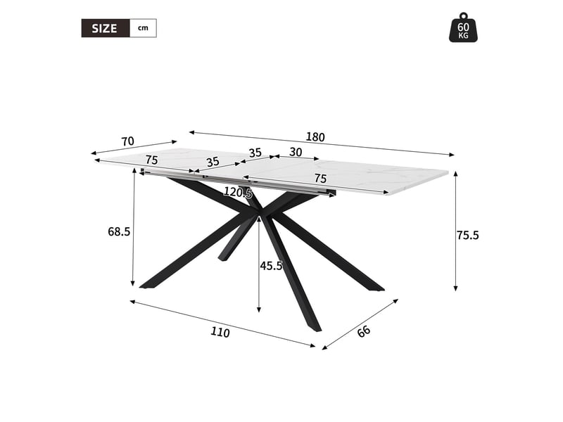 Table rectangulaire 180x70x75 5 cm table de salon polyvalente en mdf métal et velours noir et blanc - Conforama E