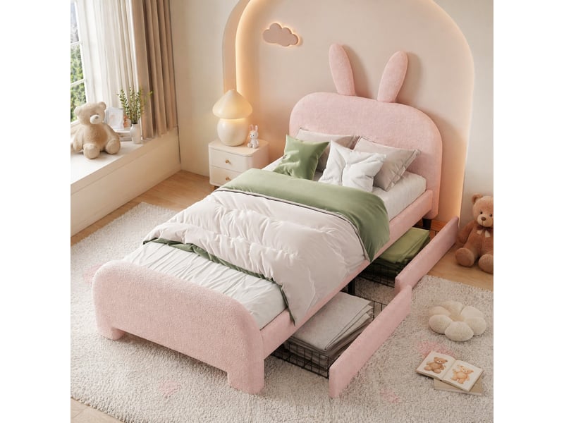 Lit enfant 90x200 cm rose à tête de lit lapin avec 2 tiroirs - Conforama D