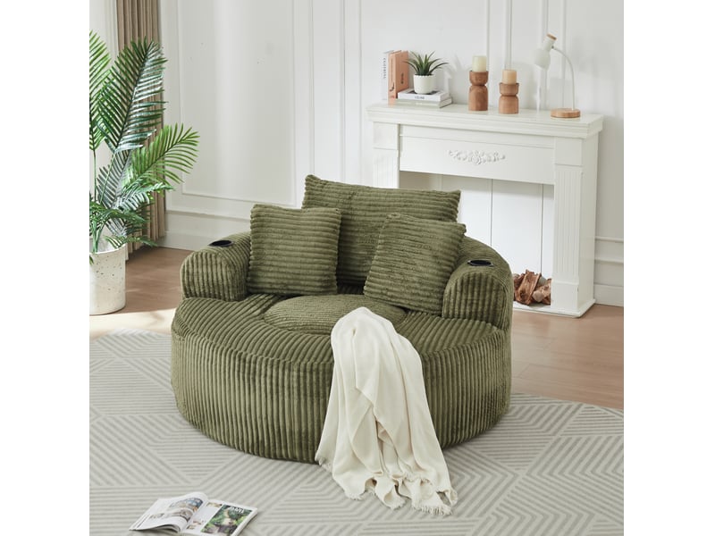 Canapé lounge rond 1 place 142.00×142.00×85.00 cm en velours côtelé avec porte-gobelets et poches latérales vert chicfurn - Conforama C