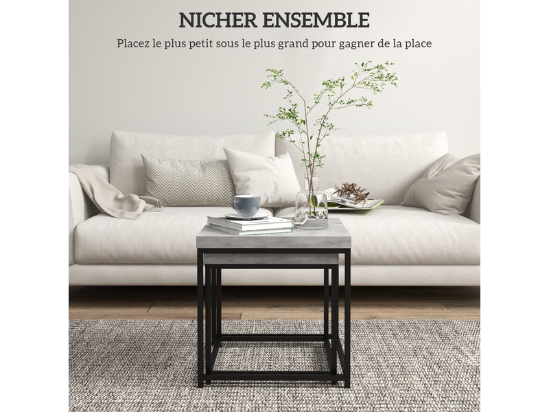  Lot de 2 tables gigognes tables basses carrées tables de cadre salon en acier et plateaux en bois gris  - Conforama D