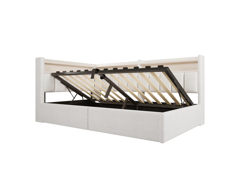 Lit coffre 90 x 200 cm avec rangement hydraulique, led et usb-atype-c, lit simple rembourré en velours blanc cassé avec rangements réversibles - Conforama E