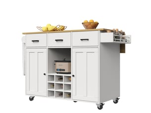 Desserte 124x40x91,5 cm îlot de cuisine avec plateau extensible, blanc et bois