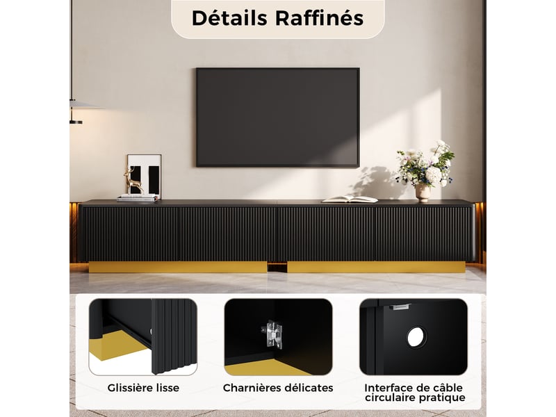  Meuble tv avec portes et tiroirs, 200 x 40 x 35 cm, façades à rainures verticales et passages de câbles à l’arrière, mdf, noir Morn Vibe - Conforama D