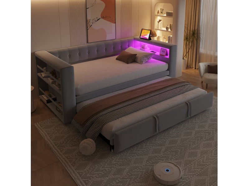  Lit gigogne 90180x190 cm avec led, prises et rangement mdf gris clair sans matelas  - Conforama D