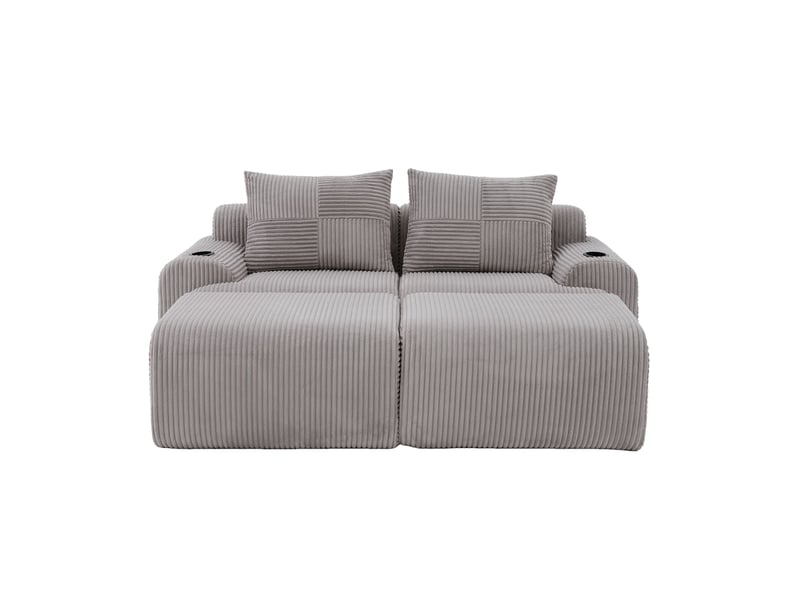  Canapé modulaire 2 places 200x174x80 cm, velours côtelé gris clair, 2 poufs, porte-gobelet incorporé, poche latérale  - Conforama A