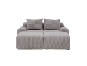 Canapé modulaire 2 places 200x174x80 cm, velours côtelé gris clair, 2 poufs, porte-gobelet incorporé, poche latérale