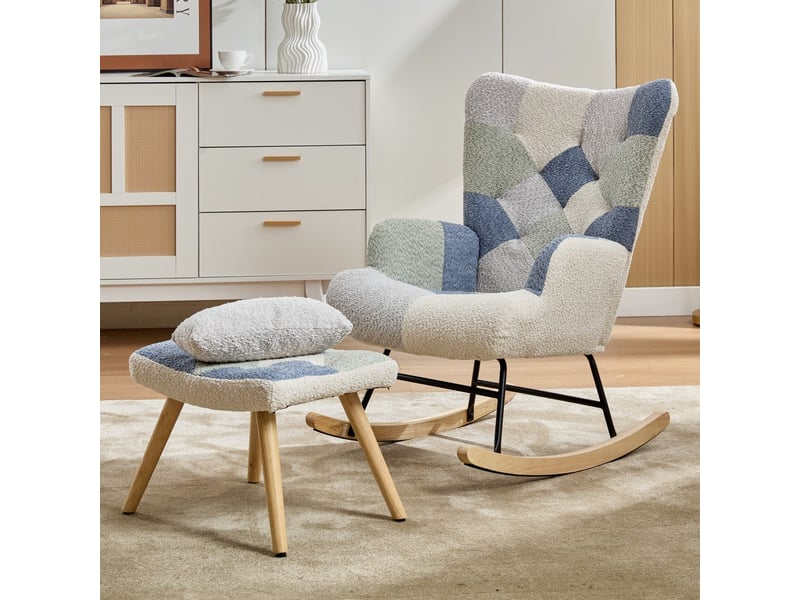  Fauteuil à bascule relax - 122x68x91 cm - avec repose-pieds pied-de-poule tissu pieds bois et métal - beige et bleu  - Conforama C