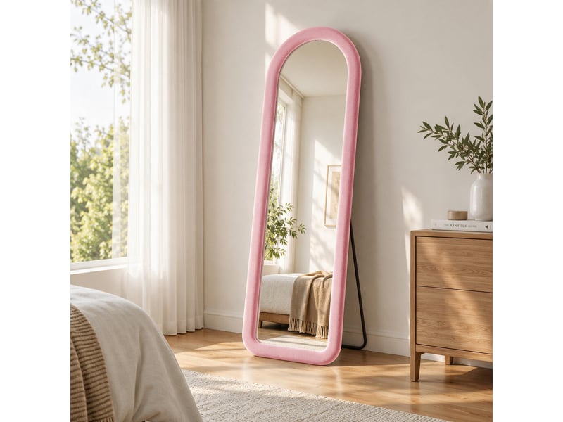  Miroir pleine longueur 160x50 cm, dressing rectangle arqué, pour chambre et salon, cadre en velours style romantique, avec pied u, rose  - Conforama C