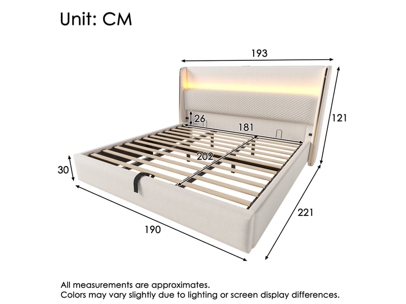 Lit coffre capitonné 180×200 cm avec rangement, led et usb type-c, tissu aspect lin, beige, avec matelas - Conforama C