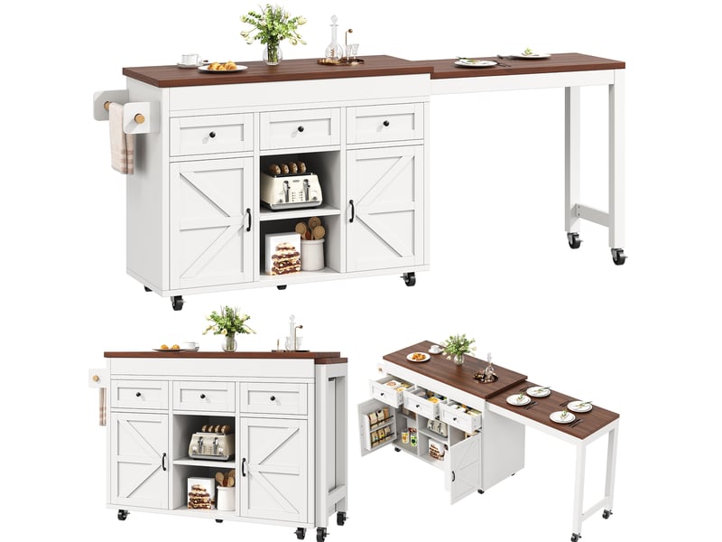  Îlot de cuisine extensible et pivotant avec rangements, mdf blanc  - Conforama A