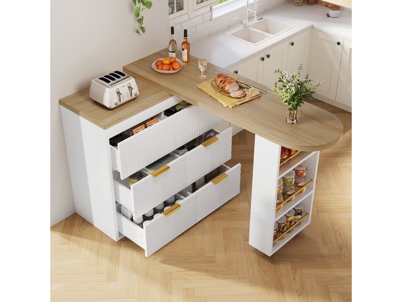 Table de bar extensible pivotante 128-203x39x90 cm avec 6 tiroirs, buffet multifonction mdf blanc  - Conforama W