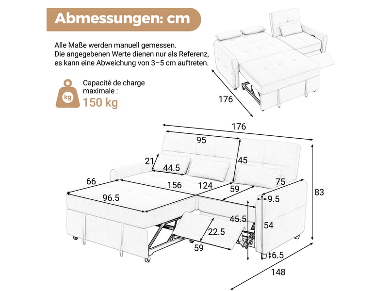  Canapé-lit tcqpz 3 places convertible 176 x 148 x 83 cm dossier réglable 3 positions chenille gris  - Conforama D