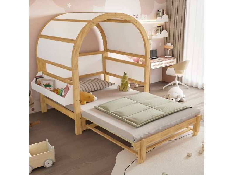 Lit enfant extensible avec lit gigogne 140x200 cm blanc et naturel  - Conforama B