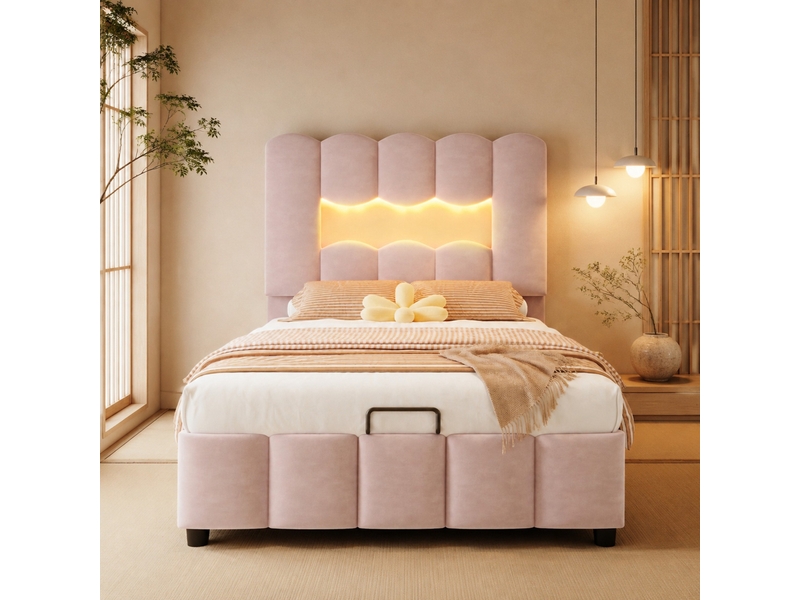  Lit simple 90x200 cm avec rangement hydraulique et éclairage led, en velours rose  - Conforama B