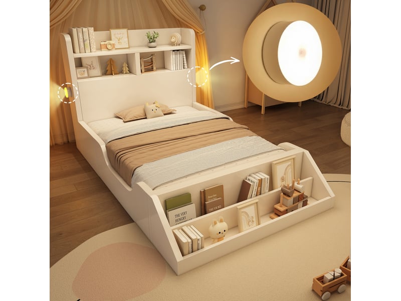 Lit enfant 90x200cm tête-lit tablettes bibliothèque amovible lumières réglables bois blanc sans matelas - Conforama B