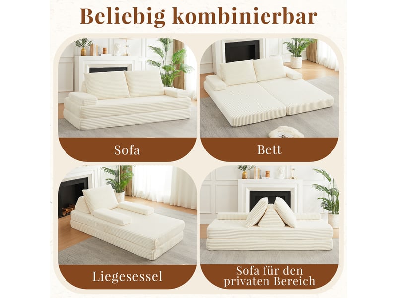  Canapé modulable 211 cm en velours côtelé beige, convertible en lit, 2 dossiers triangulaires, 2 coussins, configuration libre  - Conforama C