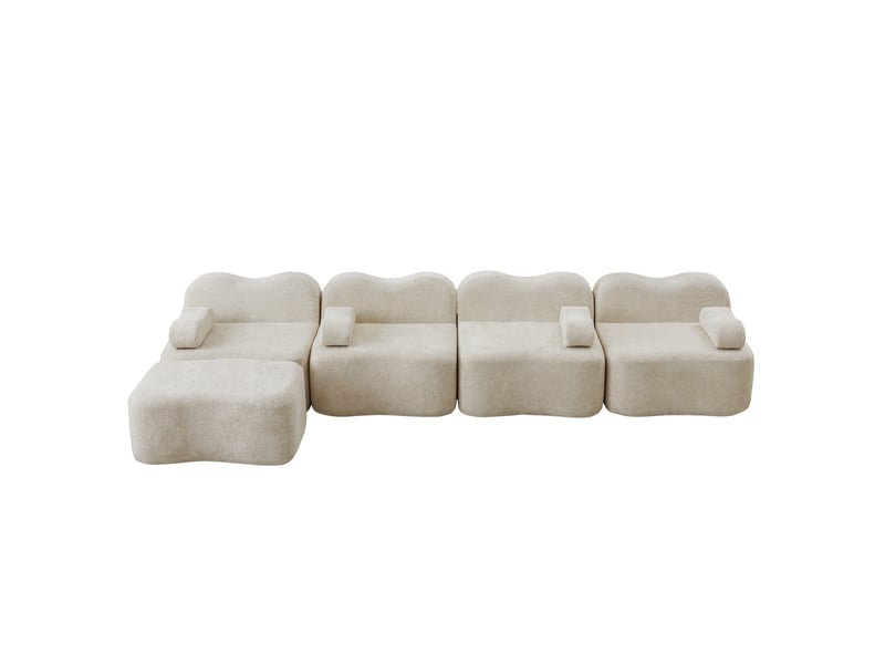  Canapé d’angle modulable 4 places avec pouf, forme ondulée, velours beige  - Conforama A