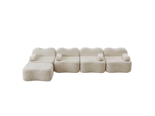 Canapé d’angle modulable 4 places avec pouf, forme ondulée, velours beige