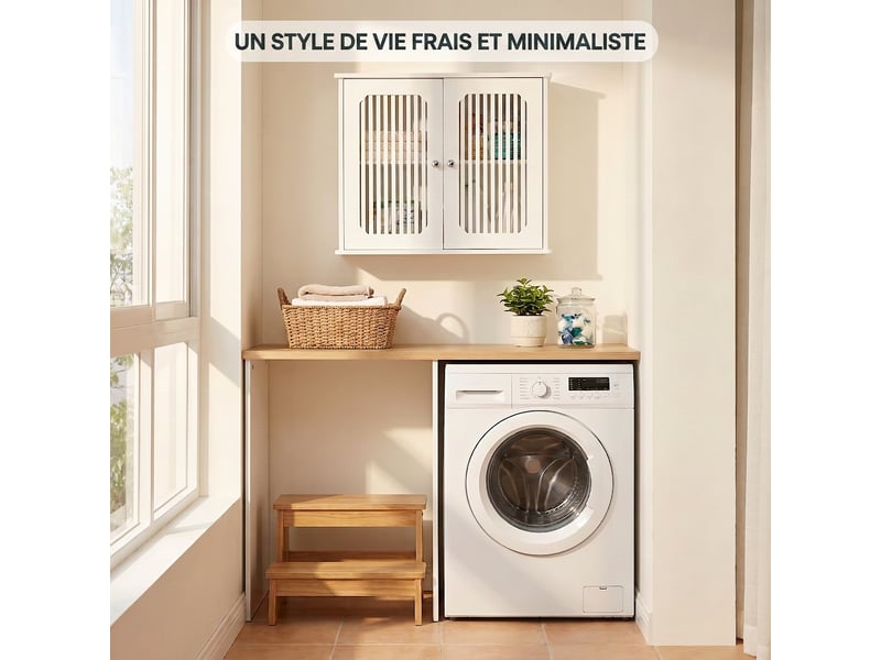  Armoire murale salle de bain double porte 60 x 20 x 52 cm - meuble mural blanc à lattes  - Conforama W
