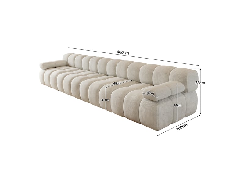Canapé compressé 4 places 400x100x68 cm sans structure, sans montage, mousse haute résilience, assise profonde, tissu chenille blanc - Conforama D