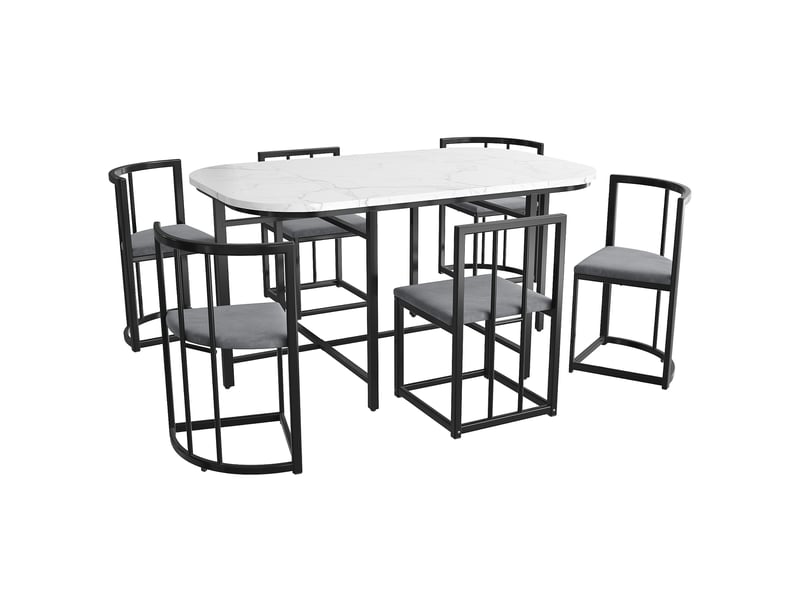 Ensemble salle à manger moderne, table blanche + 6 chaises grises – structure métal noir - Conforama A