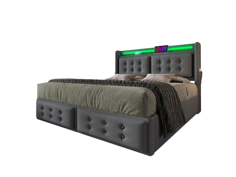  Lit coffre 160x200 cm led, usb-c, matelas, rangement hydraulique et sommier métal-bois  - Conforama A