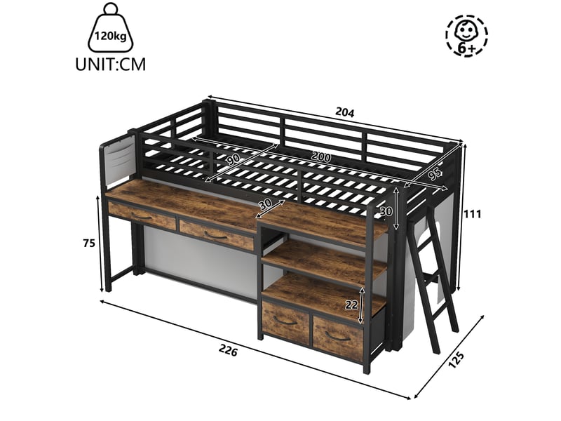 Lit mezzanine modenvie 90 x 200 cm avec bureau, rangements, tiroirs en tissu, rideau et led multicolores noir - Conforama C