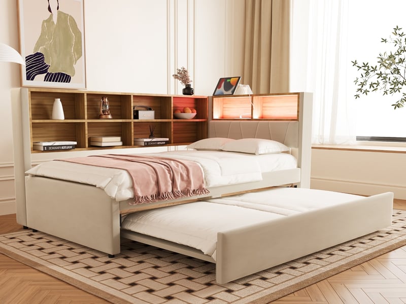  Lit gigogne 90x200 xm, flanelle, beige, avec éclairages led, prises électriques et nombreux espaces de rangement  - Conforama B
