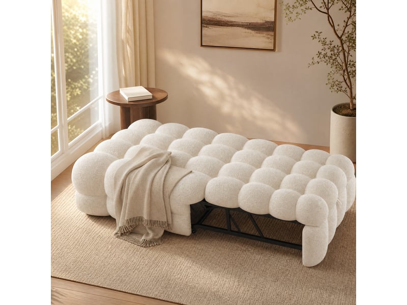  Canapé-lit 1 place 2-en-1 avec pouf en tissu bouclette beige  - Conforama D