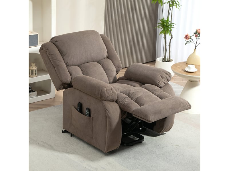  Fauteuil releveur électrique, massage et chauffage, repose-pieds, dossier inclinable, 93x104x100cm, télécommande, marron  - Conforama A