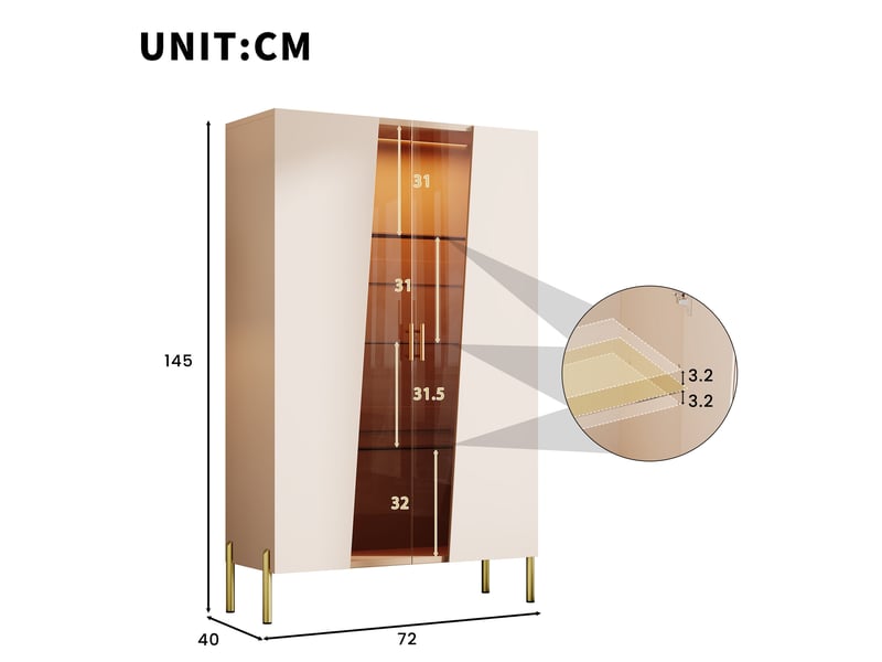  Vitrine led 72 x 40 x 145 cm – beige et verre brun cuivré – porte asymétrique et étagères réglables  - Conforama C