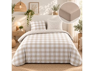 Parure de lit 240 x 220 cm 100% coton victoire naturel + drap housse 140 x 190 cm sable
