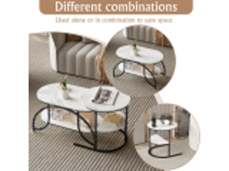  Lot de 2 tables basses 80x46x45 cm, table gigogne design marbre, avec espace de rangement, cadre en métal, pour canapé, salon, chambre (noir + blanc)  - Conforama E