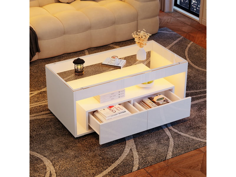  Table basse moderne 100 x 50 x 40 cm avec éclairage led, table d'appoint rectangulaire avec 2 grands tiroirs, table de salon spacieuse en verre, design à double plateau, finition laquée brillante, grande table de salon, blanche  - Conforama B