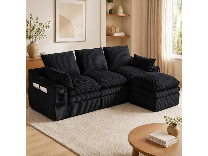  Canapé modulable 3 places avec pouf en velours côtelé noir  - Conforama B