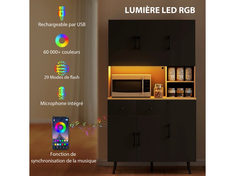  Buffet cuisine meuble cuisine rangement haut avec lumière led rgb plan de travail 6 portes 2 tiroirs noir 100x40x176cm  - Conforama A