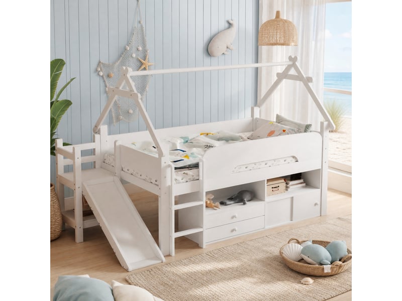  Lit mezzanine enfant 90 x 200 cm blanc avec toboggan, rangement et barrières de sécurité  - Conforama B