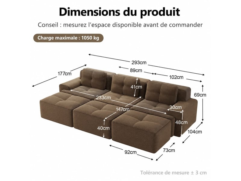  Canapé modulable 3 places avec fonction couchage et 3 poufs, velours côtelé doux, 69 × 382 × 104 cm, marron  - Conforama C